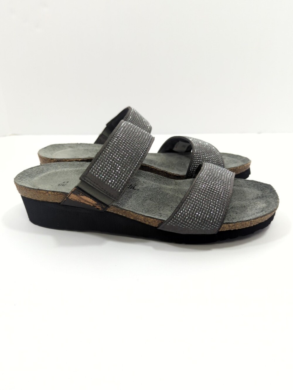 Naot Bianca Gray Sparkle Double-Strap Slide Sandals